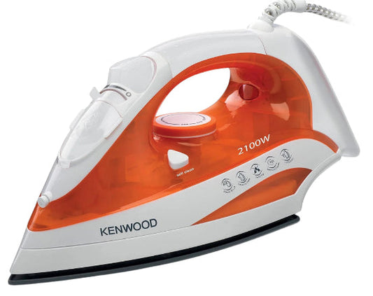 Kenwood steam iron with orange and white design on a white background