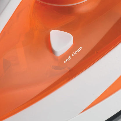 Close-up of an orange and white appliance with 'self clean' feature.