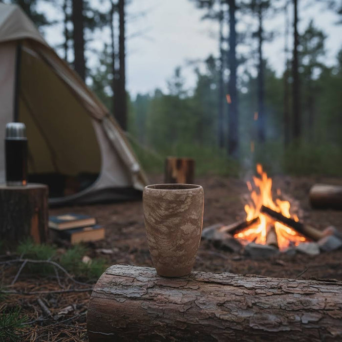 Forager Provisions LTD Kupilka 30 brown natural fibre composite camping cup resting on a log by a campfire and tent.