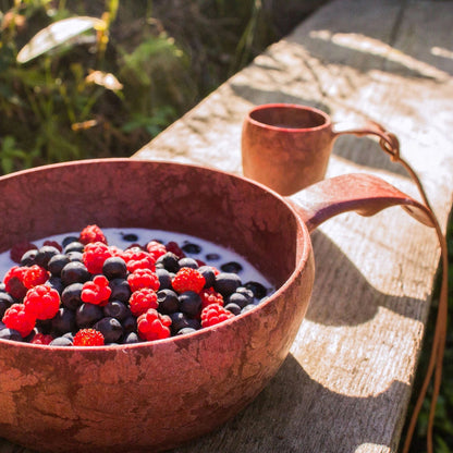 Kupilka 55 Brown Soup Bowl with milk, berries, and matching cup in sunlight—perfect outdoor dining dishware for nature lovers.