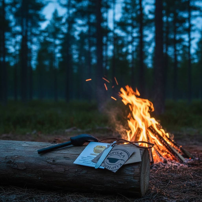 Forager Provisions LTD Kupilka Firesteel 8 black fire starter resting on a log by a campfire in a forest setting