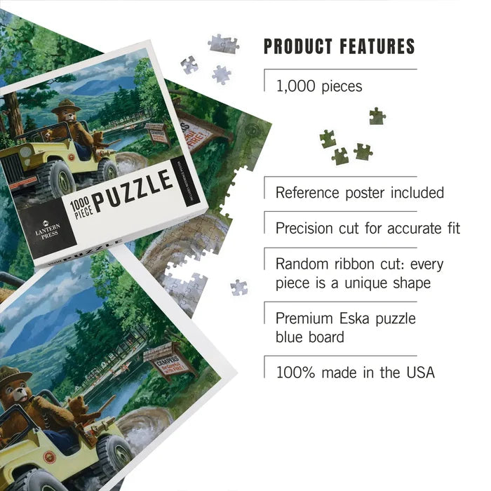 Lantern Press Smokey Bear Leaving in SUV 1000-piece vintage poster puzzle, loose pieces, box features listed. Great gift idea!.