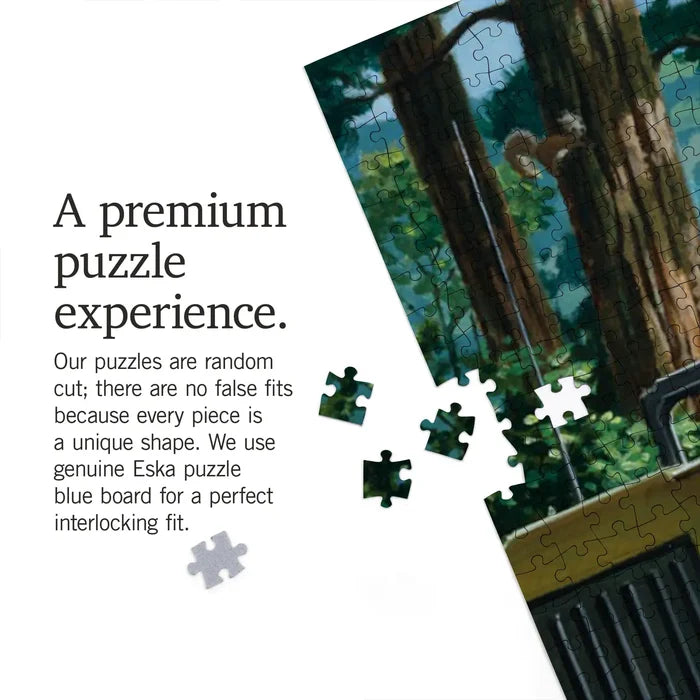 Lantern Press 1000 piece puzzle; Smokey Bear Leaving in SUV vintage poster art, quality pieces visible, partially assembled.
