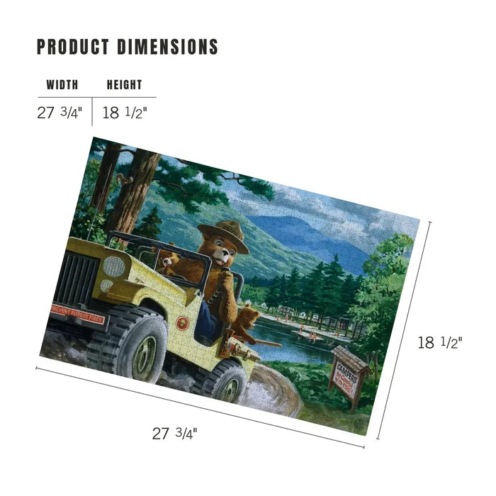 Lantern Press 1000 Piece Puzzle—Smokey Bear in SUV, eco-friendly, 27.75"x18.5" vintage jigsaw puzzle for adults and kids.