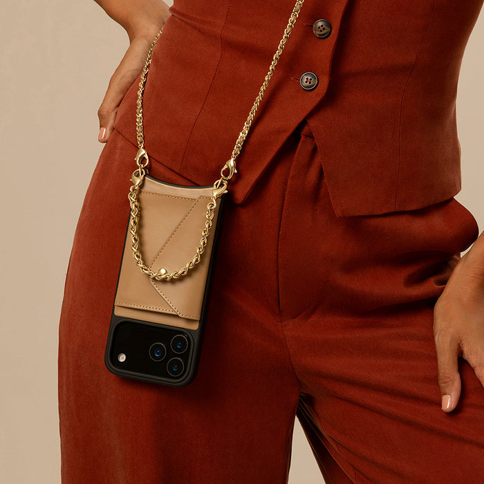 Lily Side Slot Leather Crossbody Bandolier Set - Tan/Gold