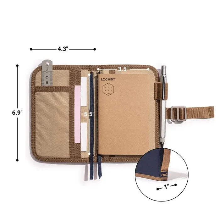 Lochby Mini Field Journal Diary Nautical open with ruler, notepad, pen, pockets, and size details on a white background.