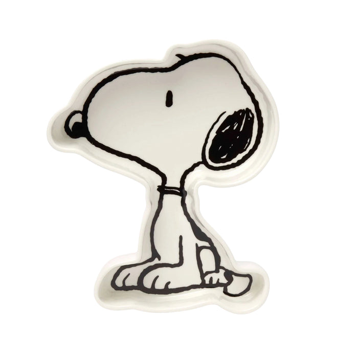Forager Provisions LTD white Snoopy shaped sitting dish tray with black outline details for jewellery or trinkets.
