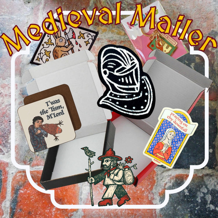 Forager Provisions’ gift set with medieval art, folklore coasters, and stickers—unique medieval themed box for gifting.
