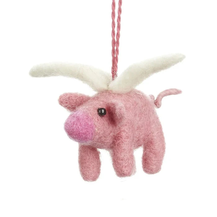Forager Provisions Medieval Folklore Gift Set: pink felt pig with wings ornament on a pink string, unique holiday decor.