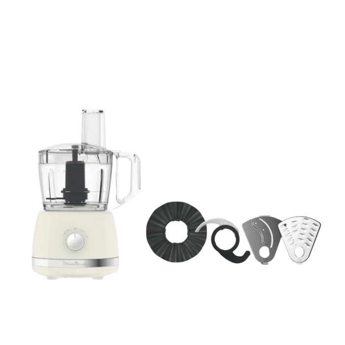 White food processor with attachments on a white background