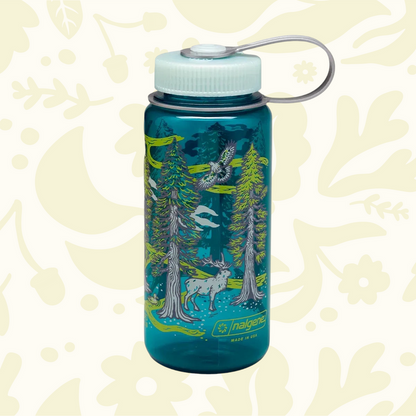 Forager Provisions LTD Mustard Beetle 16oz Nalgene water bottle in blue Tritan plastic with Redwoods forest graphic.