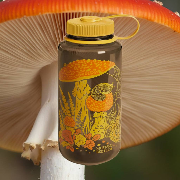 Forager Provisions LTD 32oz Nalgene water bottle in translucent grey with mustard yellow lid and woodland mushroom art