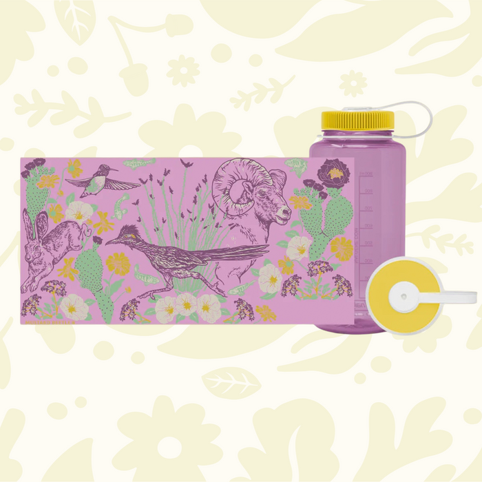 Forager Provisions LTD Mustard Beetle 32oz Nalgene water bottle featuring Anza-Borrego desert wildlife illustration.