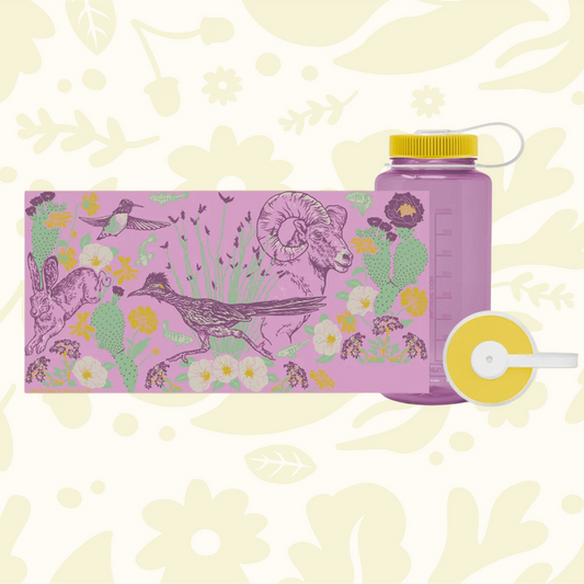 Forager Provisions LTD Mustard Beetle 32oz Nalgene water bottle featuring Anza-Borrego desert wildlife illustration.