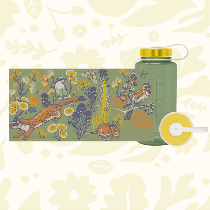 Forager Provisions LTD Mustard Beetle 32oz Nalgene water bottle with Carrizo Plain wildlife and wildflower print.