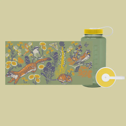 Forager Provisions LTD Mustard Beetle 32oz Nalgene water bottle featuring Carrizo Plain wildlife and wildflower art.