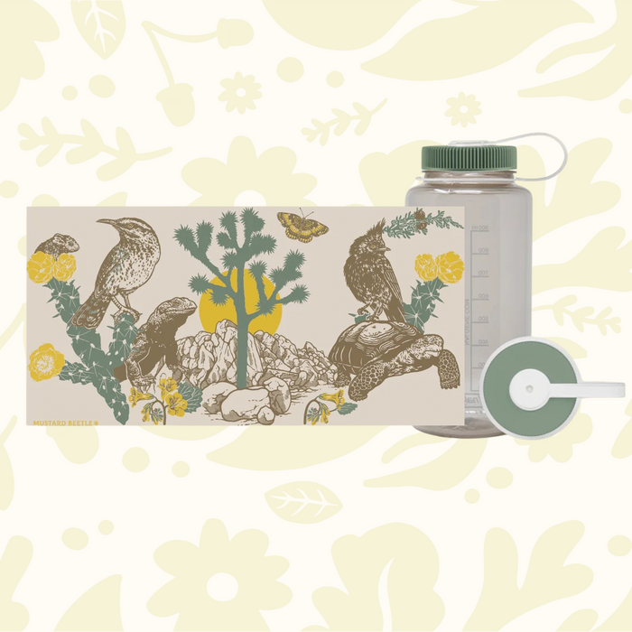 Joshua Tree Nalgene 32oz water bottle, clear with desert art: mustard beetle, birds, tortoise, plants & yellow flowers.
