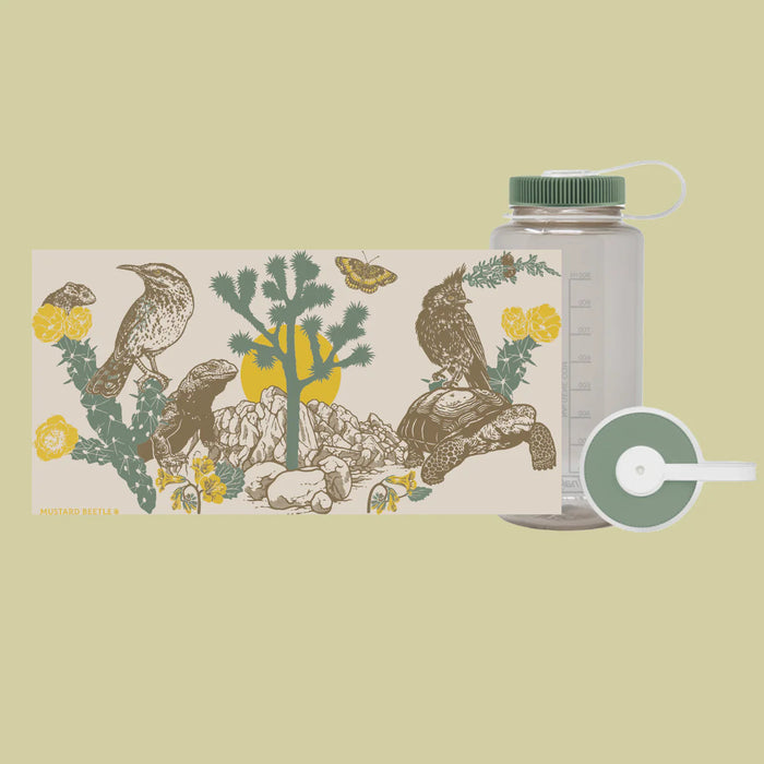 Wildlife desert scene with Mustard Beetle Joshua Tree Nalgene 32oz bottle on light background, outdoor adventure gear.