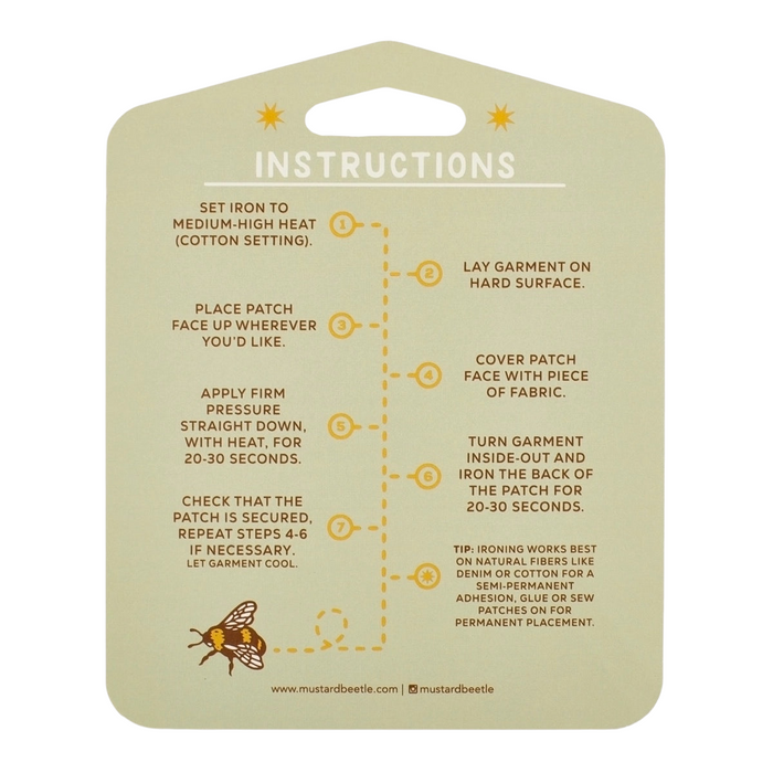Forager Provisions LTD instruction card for applying a Mustard Beetle embroidered iron-on patch to fabric