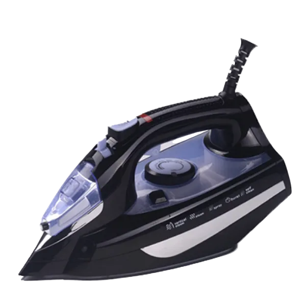 A black National Deluxe Steam Iron with a ceramic soleplate and a power cord.