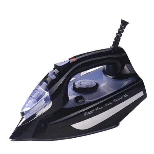 A black National Deluxe Steam Iron with a ceramic soleplate and a power cord.