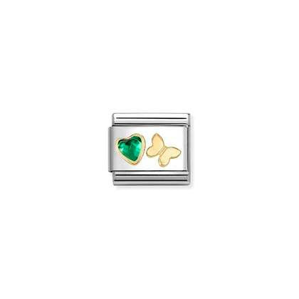 Nomination Classic Gold Symbols CZ Faceted Green Heart & Butterfly