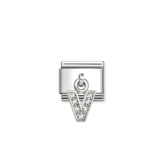 Nomination Classic Link Alphabet Silver & CZ Letter V Drop Charm