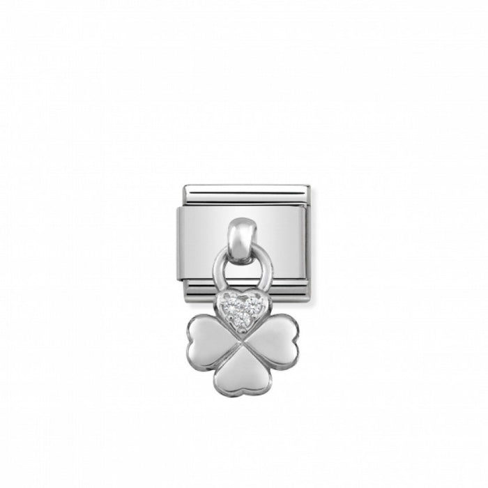 Nomination Classic Link Charm Silver and Cubic Zirconia Four Leaf Clover Pendant Charm