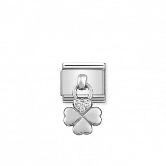 Nomination Classic Link Charm Silver and Cubic Zirconia Four Leaf Clover Pendant Charm