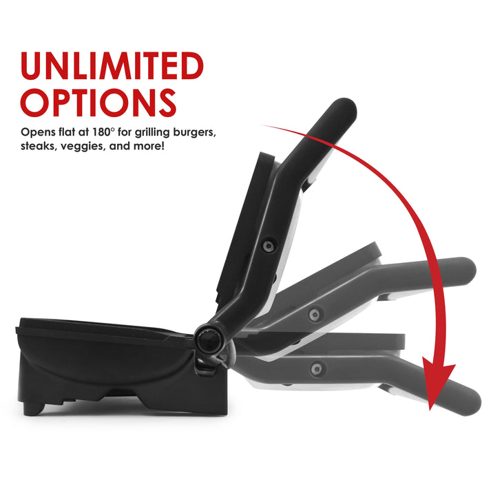 Unlimited Options opens flat at 180-degrees for grilling burgers, steaks, veggies and more! Graphic showing grill opening flat.