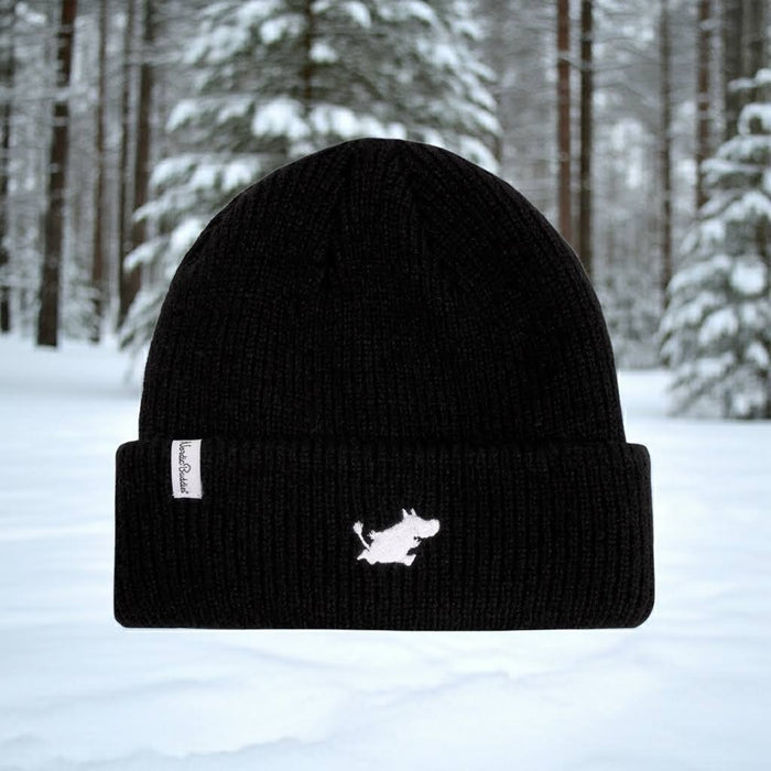 Nordicbuddies Classics Black Winter Moomin Beanie with white animal logo, cozy for snow, stylish Nordic winter hat.