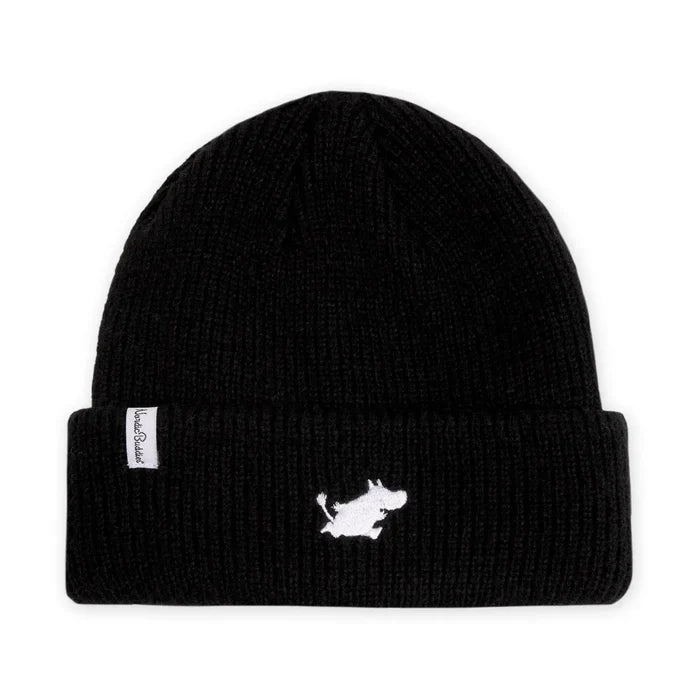 Nordicbuddies Classics Winter Moomin Beanie in black with white Moomin and logo tag, ideal for cozy winter style.