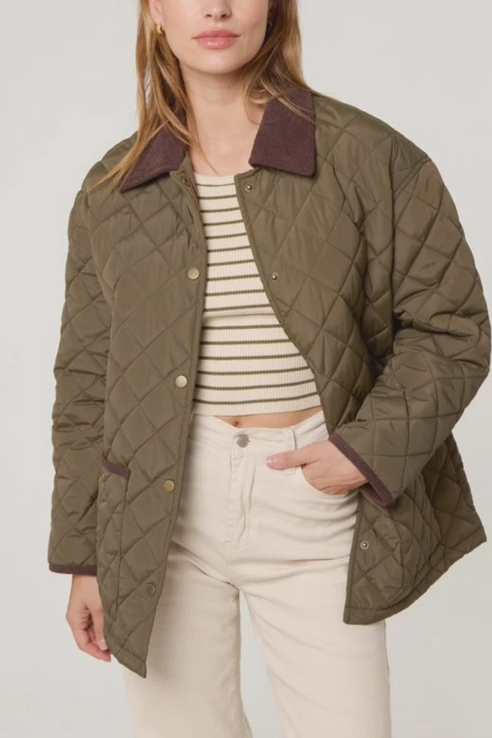 Oversized Diamond Quilted Coat - Khaki