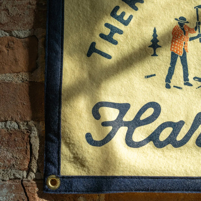 Oxford Pennant camp flag, yellow/navy, reads “There Is No Substitute For Hard Work.” Perfect wall decor, inspiring quote.