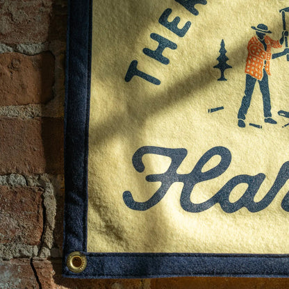 Oxford Pennant camp flag, yellow/navy, reads “There Is No Substitute For Hard Work.” Perfect wall decor, inspiring quote.