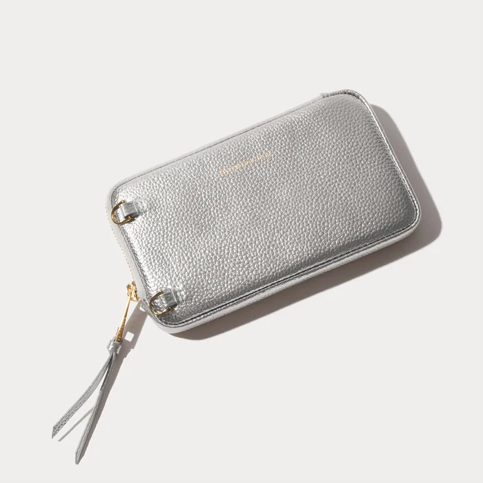 Pebble Leather Expanded Zip Pouch  - Metallic Silver/Gold