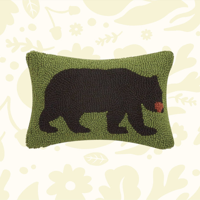 Forager Provisions LTD wool hooked lumbar pillow featuring a black bear silhouette on a green background