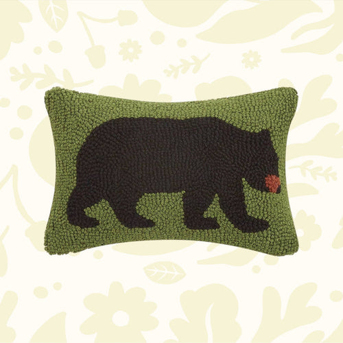 Forager Provisions LTD wool hooked lumbar pillow featuring a black bear silhouette on a green background