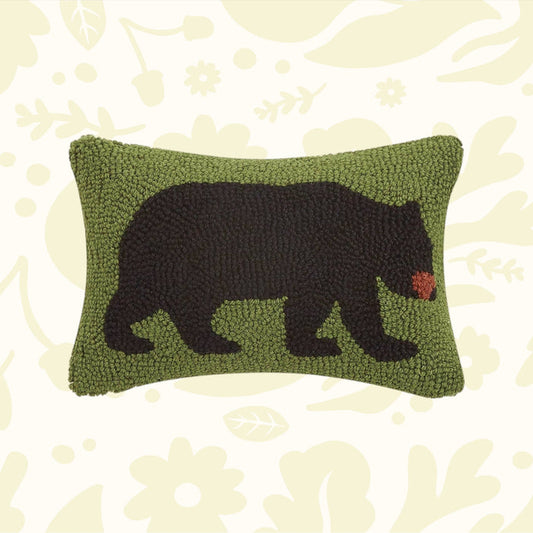 Forager Provisions LTD wool hooked lumbar pillow featuring a black bear silhouette on a green background
