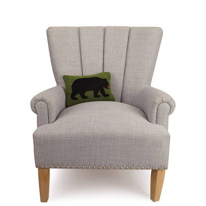 Forager Provisions LTD 8x12 lumbar pillow with a black bear design on green wool, featuring a soft velvet backing.