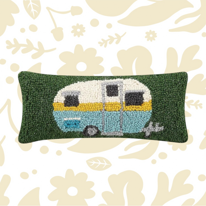 Forager Provisions LTD Peking Handicraft camper wool hooked cushion with a retro caravan design on a green background.