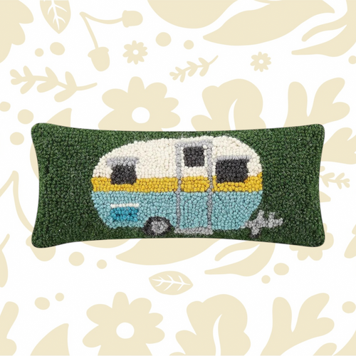 Forager Provisions LTD Peking Handicraft camper wool hooked cushion with a retro caravan design on a green background.
