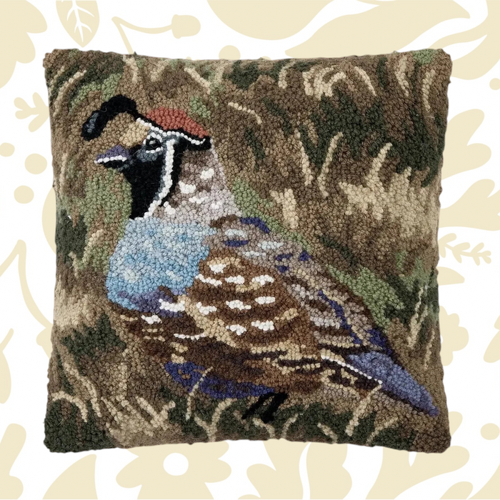 Forager Provisions LTD Peking Handicraft square wool hooked cushion featuring a detailed quail in woodland colours.