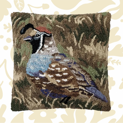 Forager Provisions LTD Peking Handicraft square wool hooked cushion featuring a detailed quail in woodland colours.