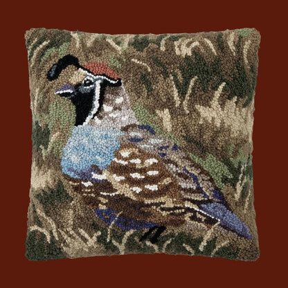 Forager Provisions LTD Peking Handicraft square wool hooked cushion featuring a detailed quail bird in woodland tones.