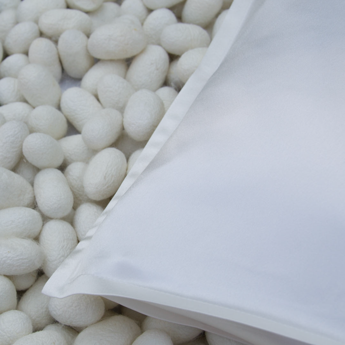 Pillowcase S22 100% Pure Silk Satin With Narrow Edge on a backgrond of silk yarns