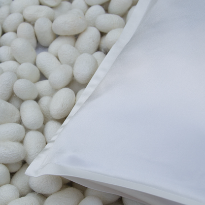Pillowcase S22 100% Pure Silk Satin With Narrow Edge on a backgrond of silk yarns
