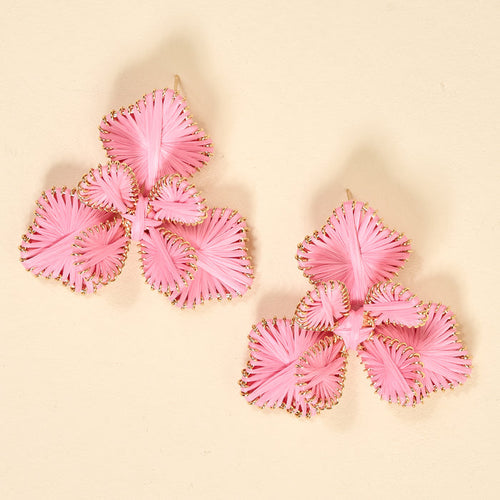 The Darling Effect's Pink Main Character Earrings are lightweight, three-petaled flower earrings with gold detailing—perfect for daily wear and shown on a beige background.