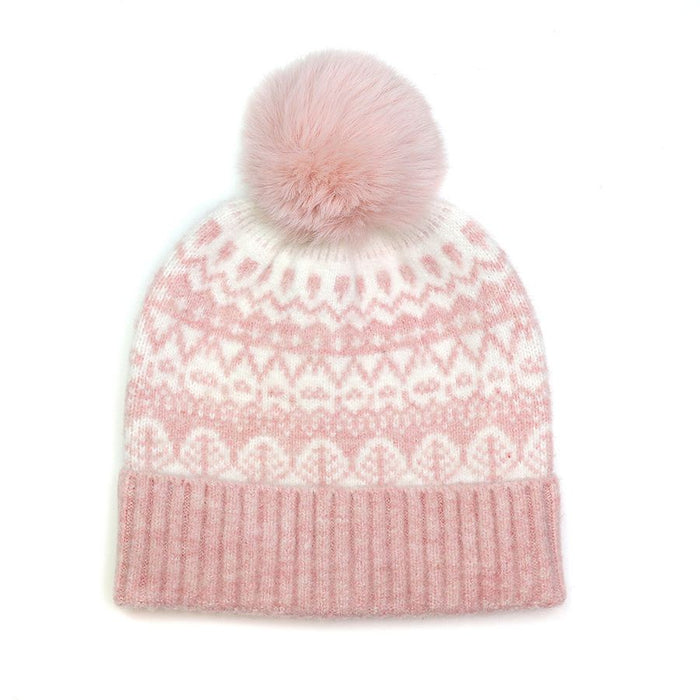 POM  Fairisle Knitted Hat With Faux Fur Pompom - Pale Pink