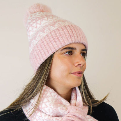 POM  Fairisle Knitted Hat With Faux Fur Pompom - Pale Pink